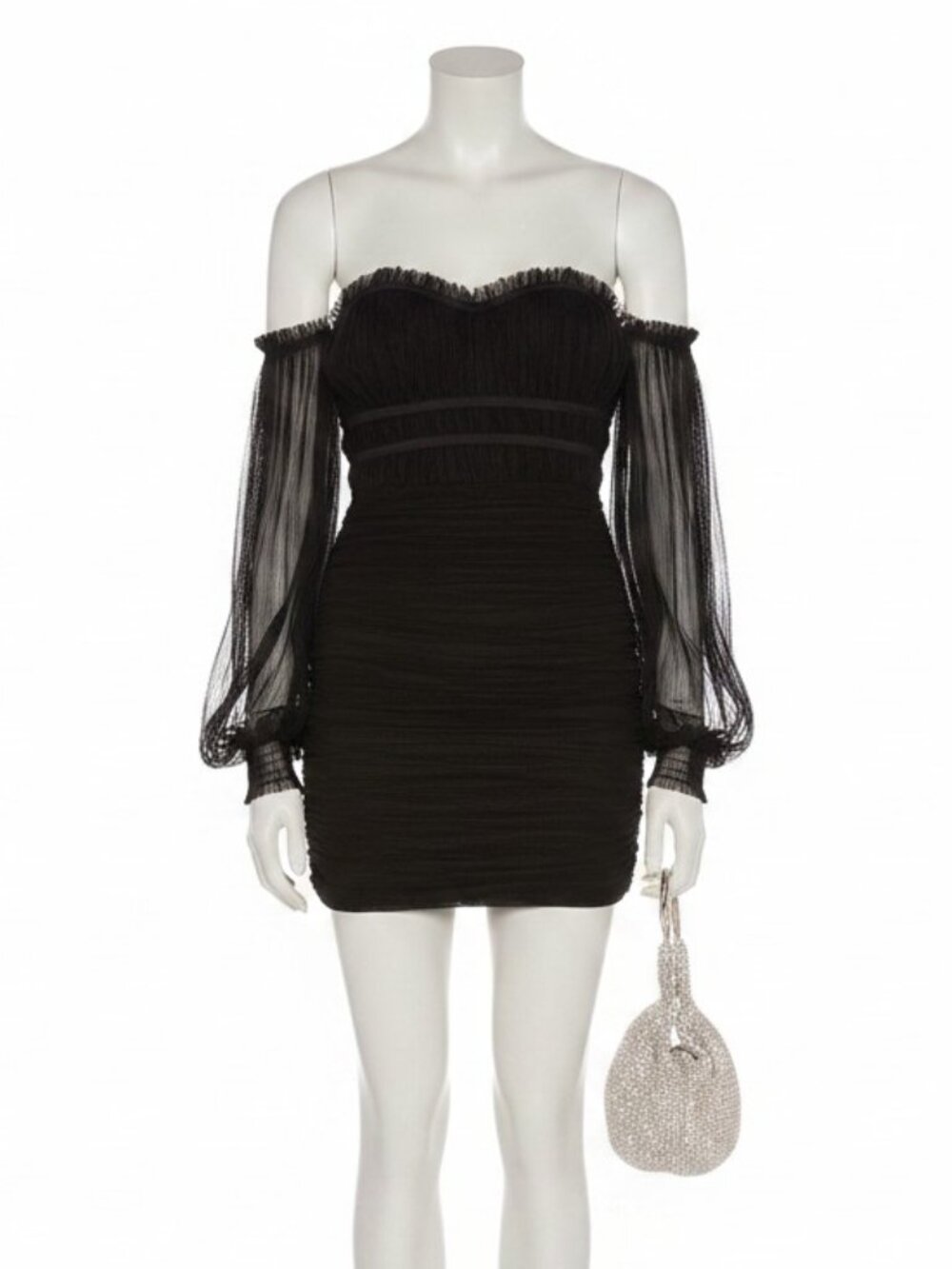 Majorelle Zata Pleated Mesh Black Mini Dress Womens XXS Off The Shoulder Zip